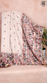 Off-White and Maroon Floral Peacock Jamdani Tussar Silk Saree